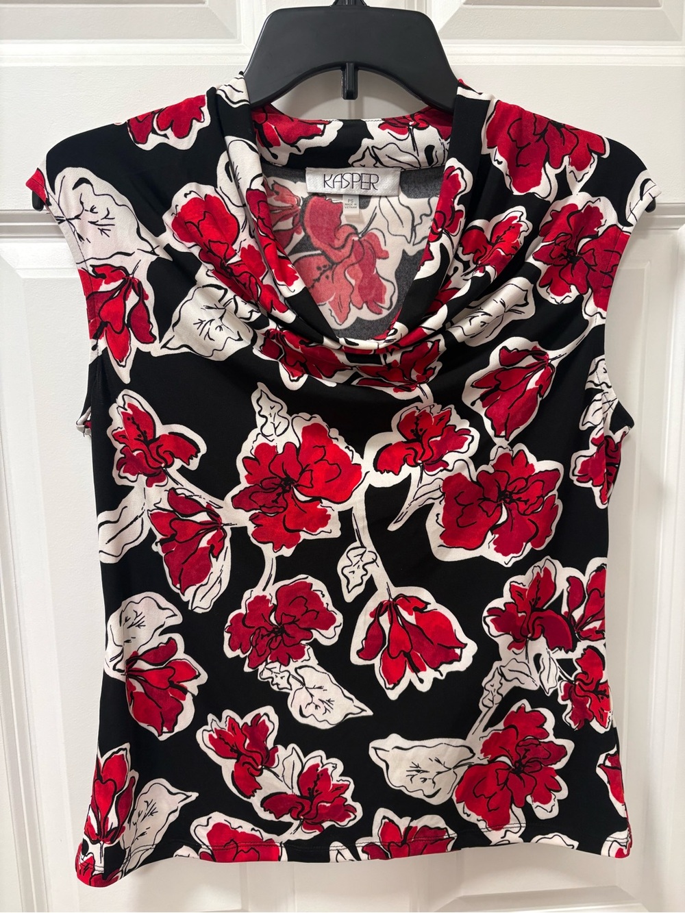 Kasper Black Red Floral Cowl Neck Blouse